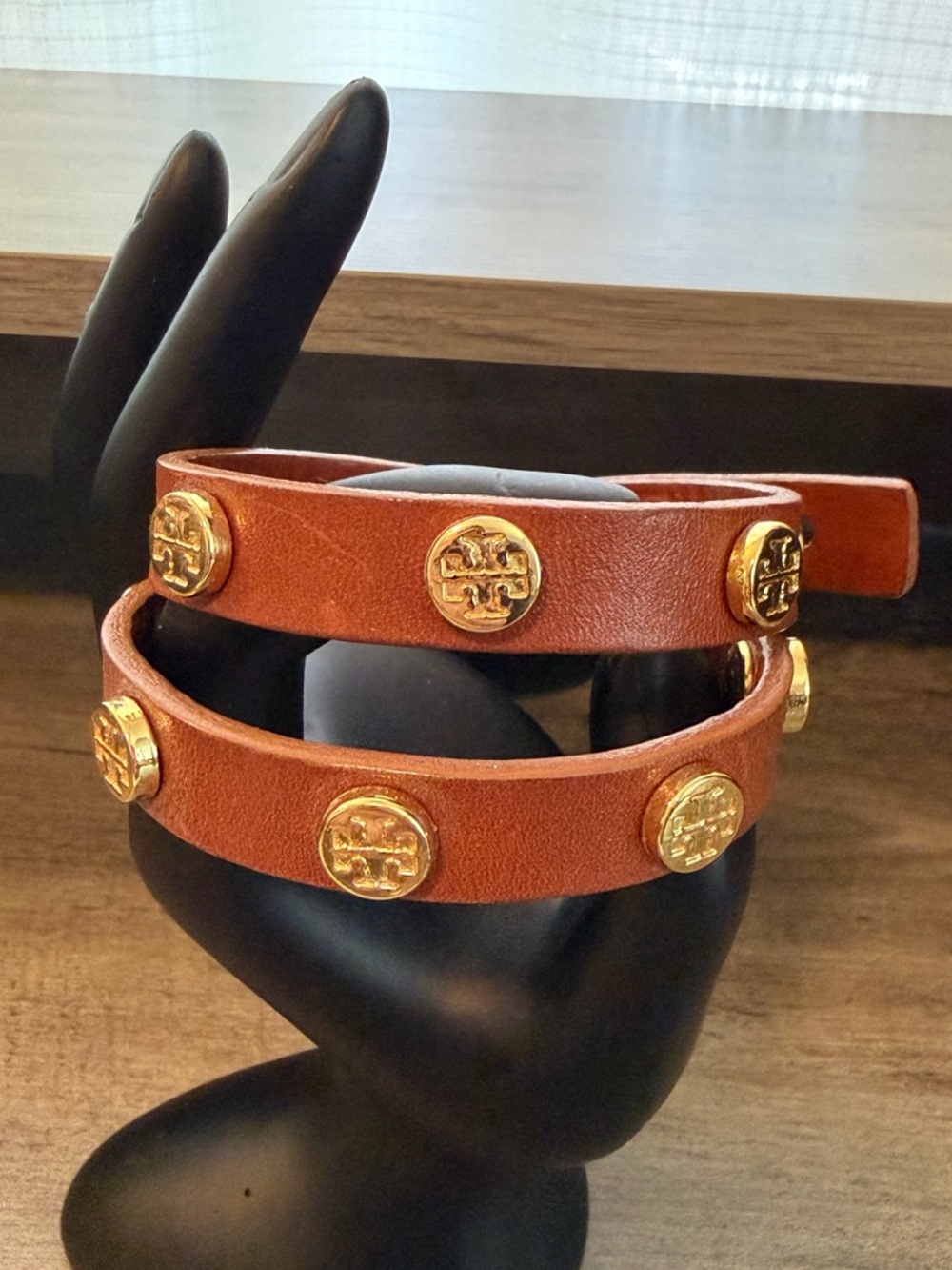 Tory Burch brown saffiano leather double wrapped logo studded bracelet #664